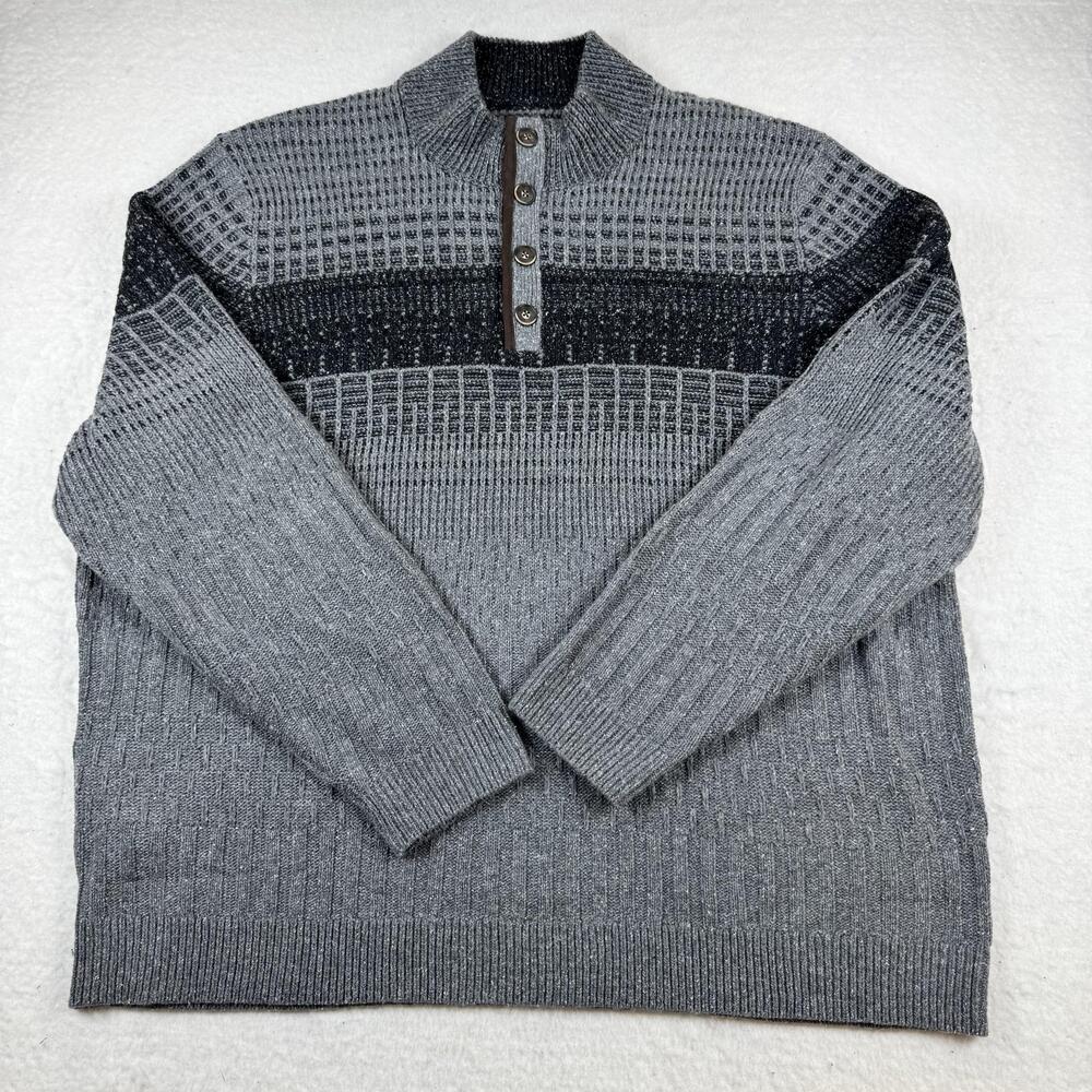 Tommy Bahama Sweater Mens Size 2XL Gray Mock Neck Henley Waffle Knit Pullover
